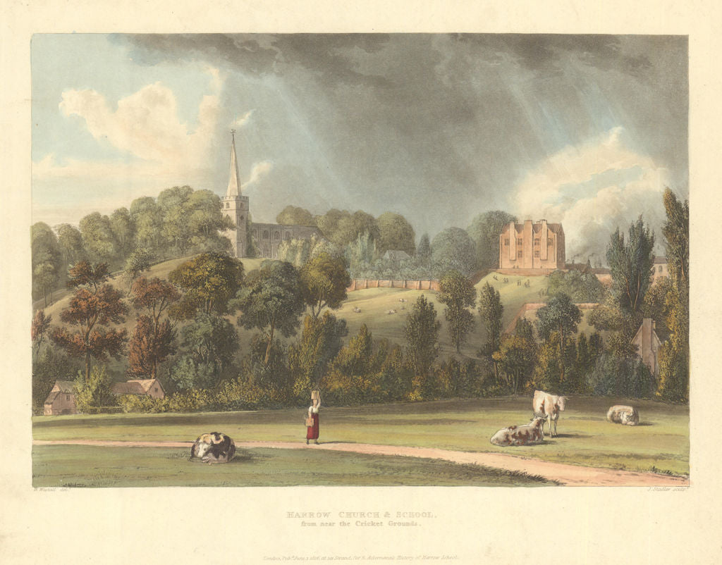 Harrow Church & School, from near the Cricket Grounds. Ackermann's schools 1816